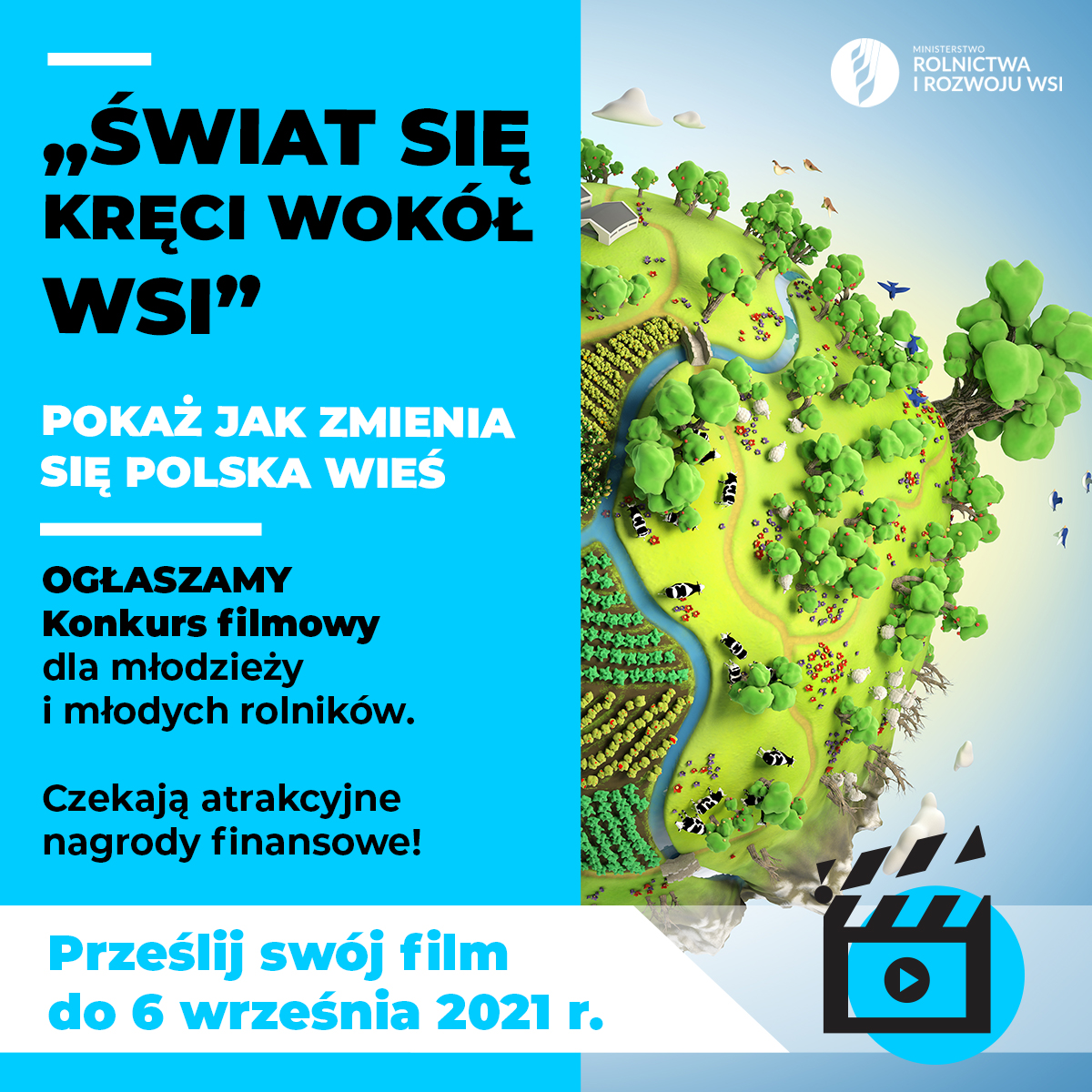 Plakat informacyjny o konkursie filmowym "Świat się kręci wokół wsi"